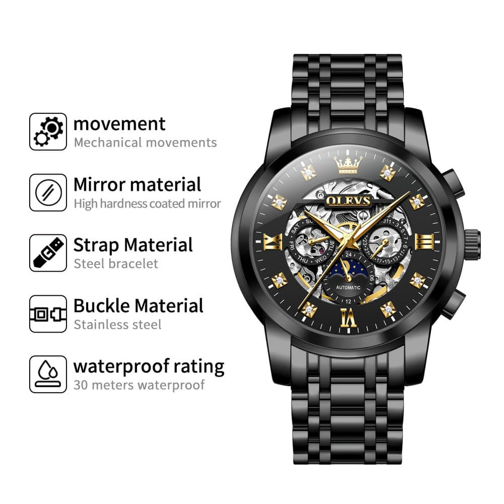 OLEVS 6721 Openwork Skeleton Diamond Dial Moon Phase Calendar Mechanical Watch For Men - Inter White Watch |Olevs Watch Store