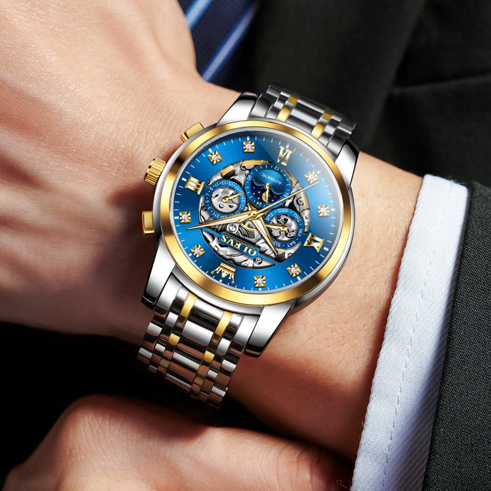 OLEVS 6721 Openwork Skeleton Diamond Dial Moon Phase Calendar Mechanical Watch For Men - Inter White Watch |Olevs Watch Store