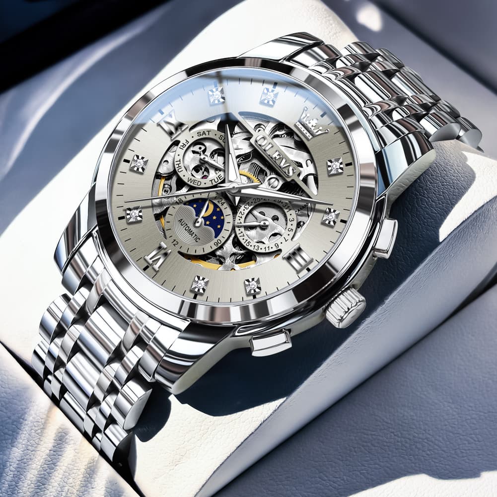 OLEVS 6721 Openwork Skeleton Diamond Dial Moon Phase Calendar Mechanical Watch For Men - Inter White Watch |Olevs Watch Store