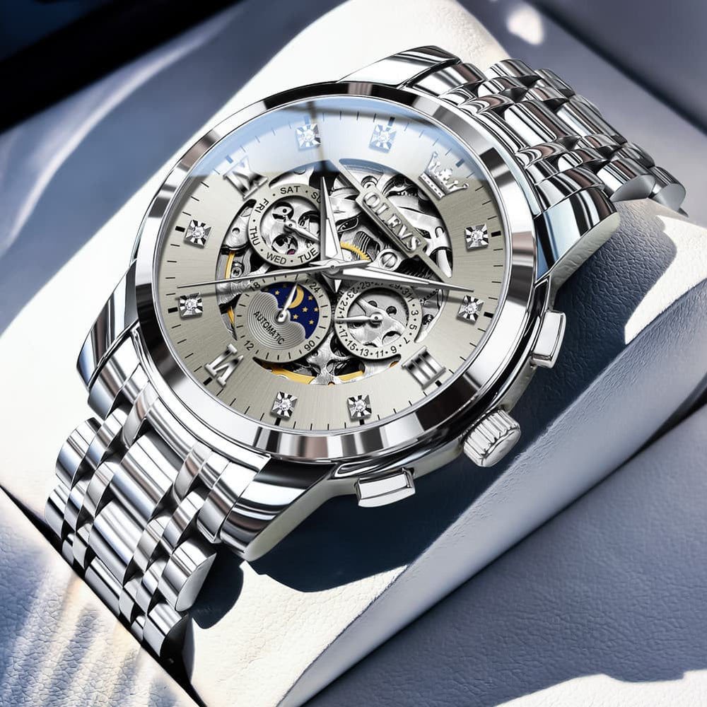OLEVS 6721 Openwork Skeleton Diamond Dial Moon Phase Calendar Mechanical Watch For Men - Inter White Watch |Olevs Watch Store