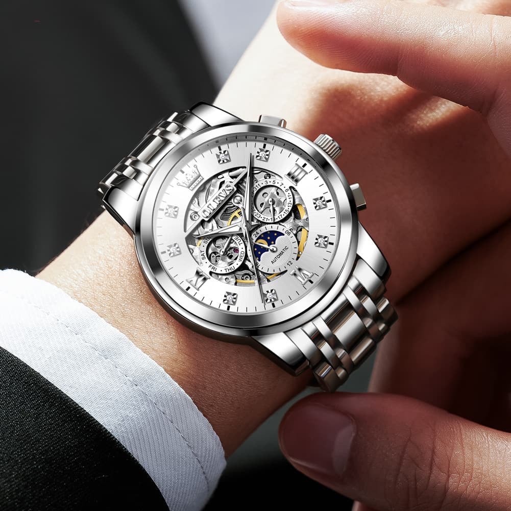 OLEVS 6721 Openwork Skeleton Diamond Dial Moon Phase Calendar Mechanical Watch For Men - Inter White Watch |Olevs Watch Store