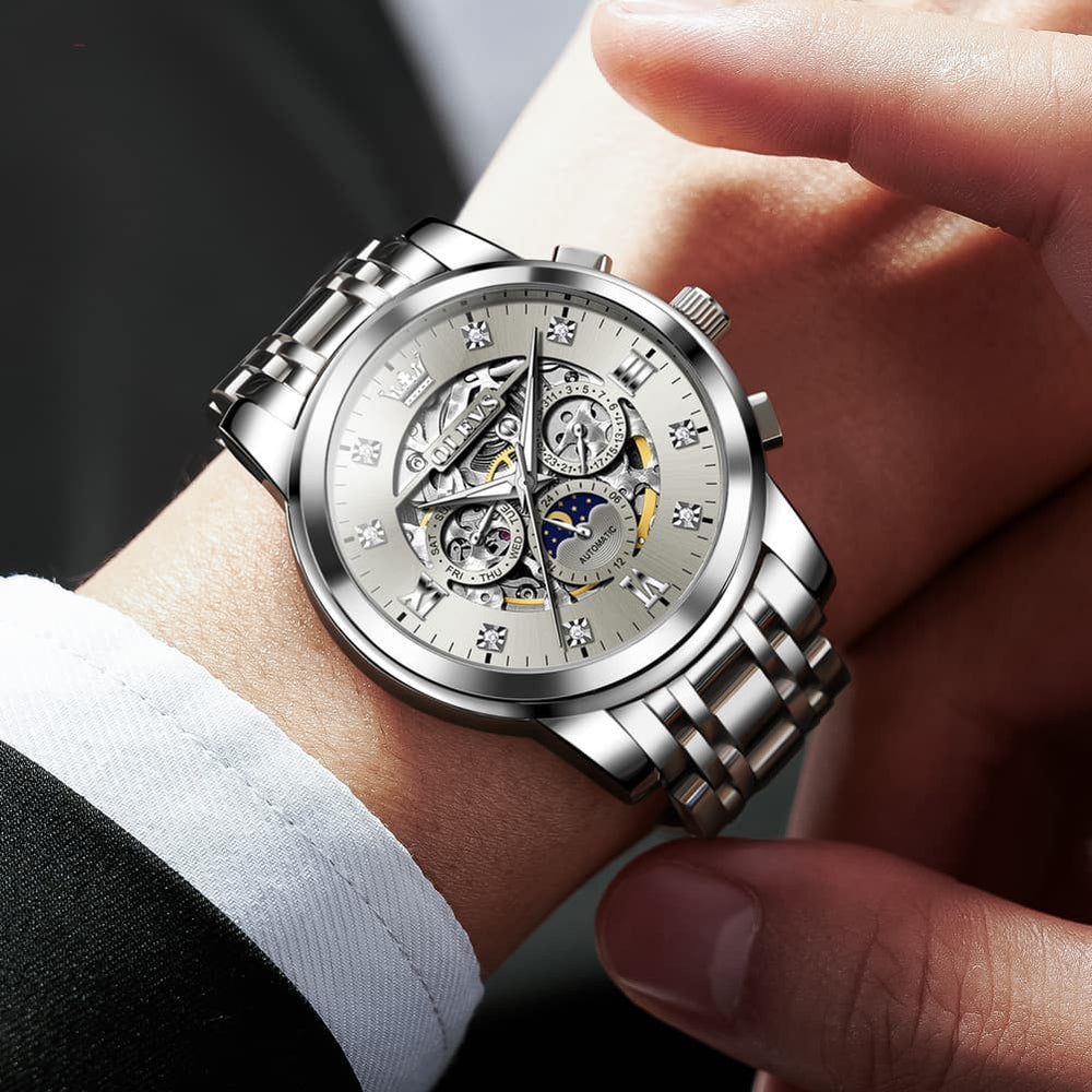 OLEVS 6721 Openwork Skeleton Diamond Dial Moon Phase Calendar Mechanical Watch For Men - Inter White Watch |Olevs Watch Store