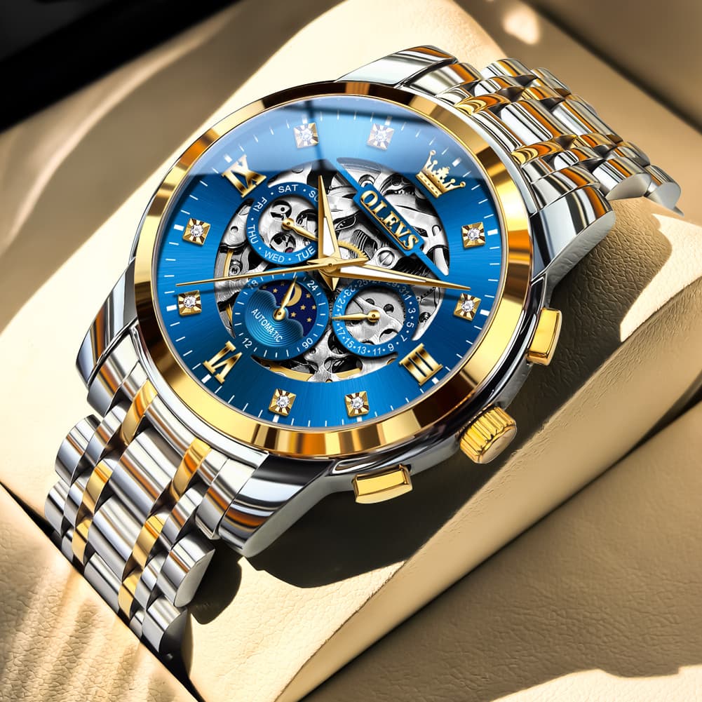 OLEVS 6721 Openwork Skeleton Diamond Dial Moon Phase Calendar Mechanical Watch For Men - Inter White Watch |Olevs Watch Store