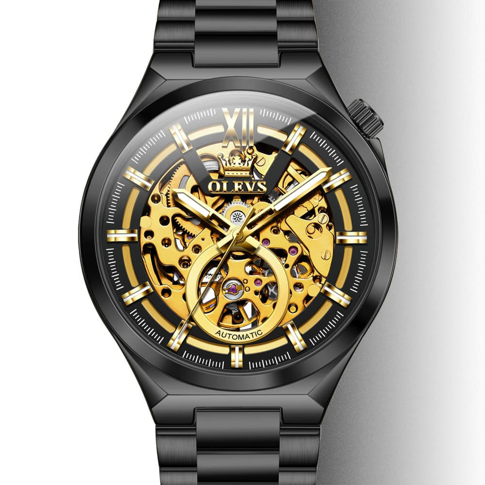 OLEVS 6722 Integrated Geometry Full Skeleton Mechanical Watch For Men - Steel Black Watch | Olevs Watch Store
