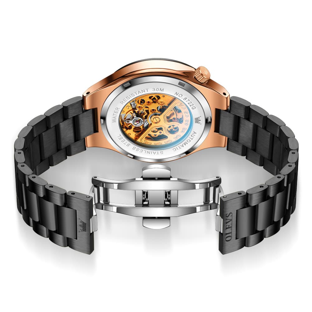 OLEVS 6722 Integrated Geometry Full Skeleton Mechanical Watch For Men - Steel Gold Watch | Olevs Watch Store