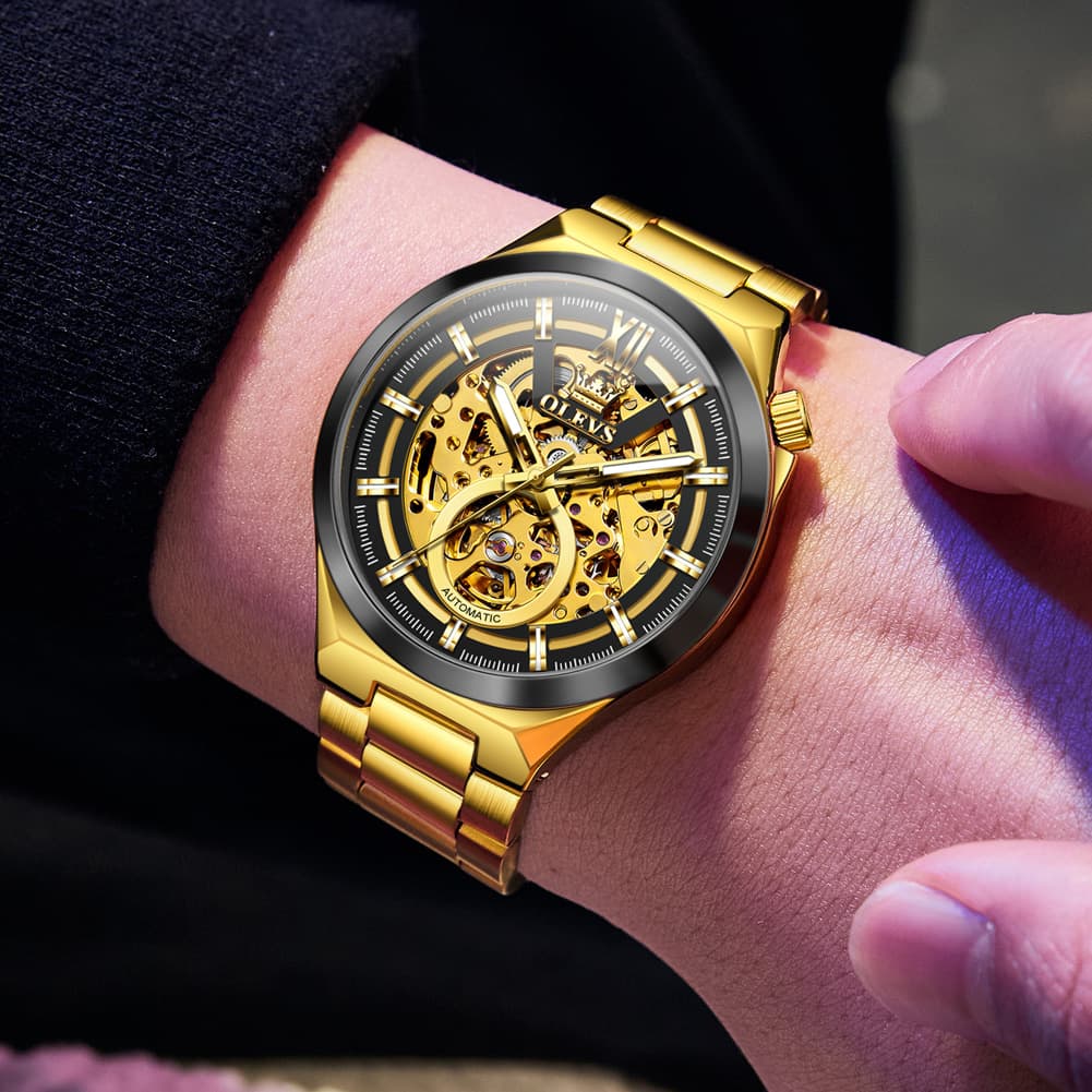 OLEVS 6722 Integrated Geometry Full Skeleton Mechanical Watch For Men - Steel Gold Watch | Olevs Watch Store