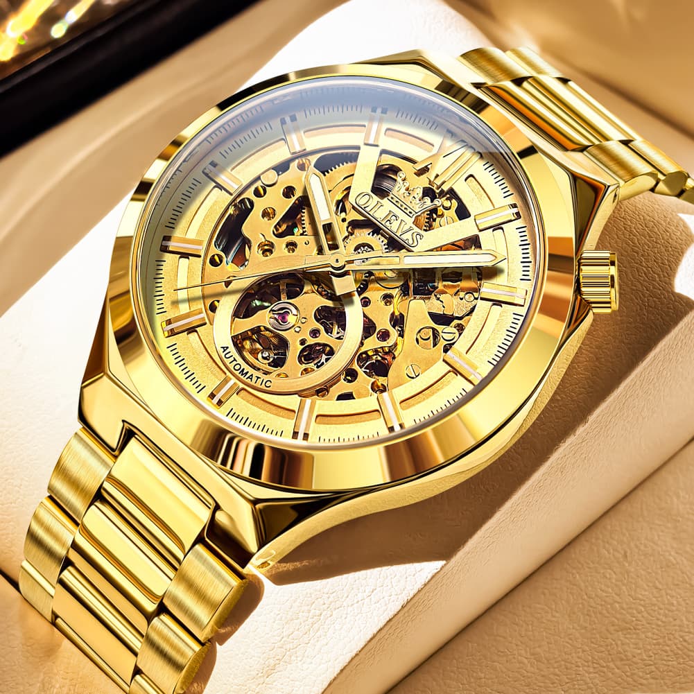OLEVS 6722 Integrated Geometry Full Skeleton Mechanical Watch For Men - Steel Gold Watch | Olevs Watch Store