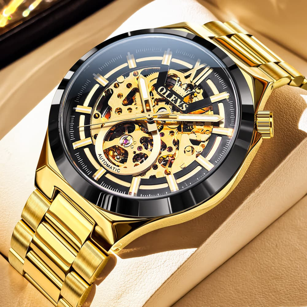 OLEVS 6722 Integrated Geometry Full Skeleton Mechanical Watch For Men - Steel Gold Watch | Olevs Watch Store