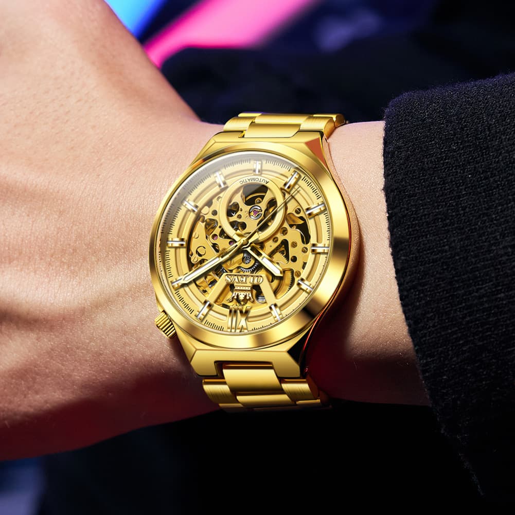 OLEVS 6722 Integrated Geometry Full Skeleton Mechanical Watch For Men - Steel Gold Watch | Olevs Watch Store
