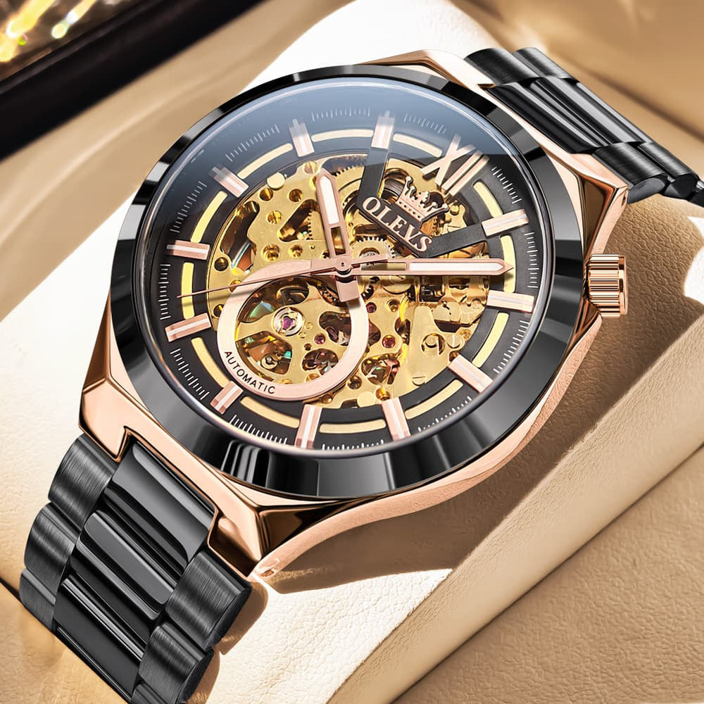 OLEVS 6722 Integrated Geometry Full Skeleton Mechanical Watch For Men - Steel Gold Watch | Olevs Watch Store