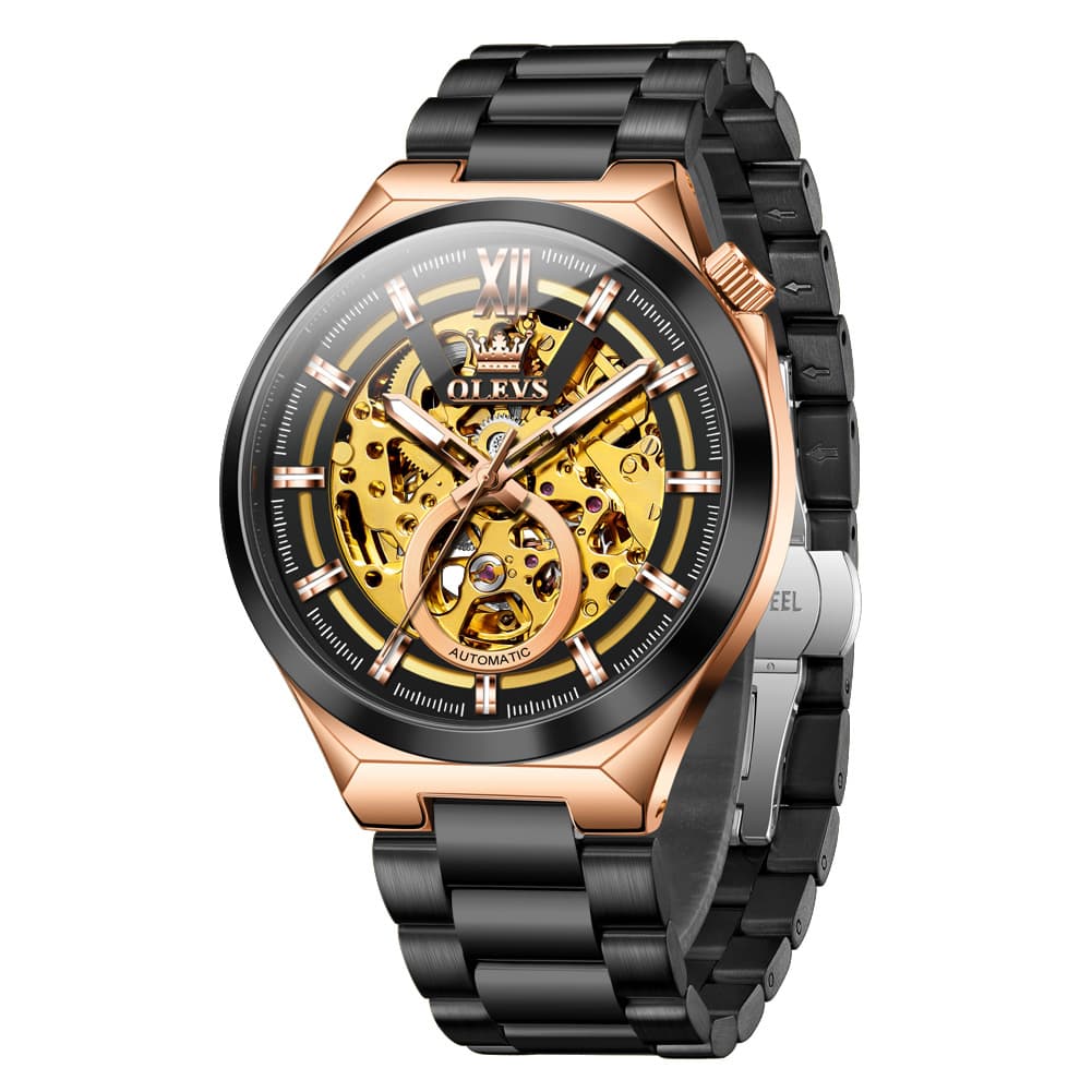 OLEVS 6722 Integrated Geometry Full Skeleton Mechanical Watch For Men - Steel Gold Watch | Olevs Watch Store