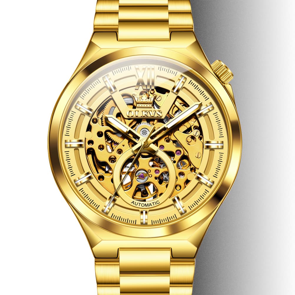 OLEVS 6722 Integrated Geometry Full Skeleton Mechanical Watch For Men - Steel Gold Watch | Olevs Watch Store