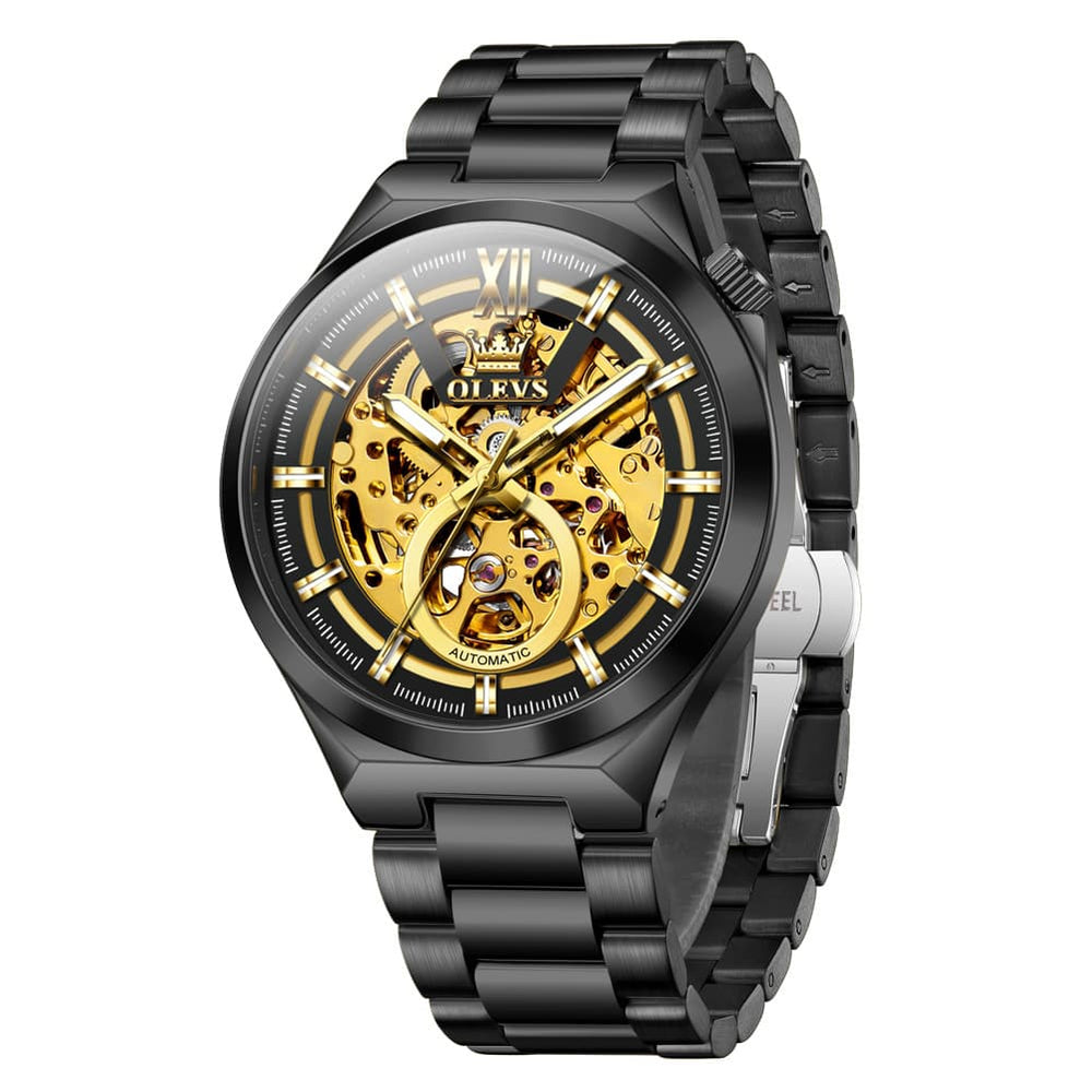 OLEVS 6722 Integrated Geometry Full Skeleton Mechanical Watch For Men - Steel Gold Watch | Olevs Watch Store
