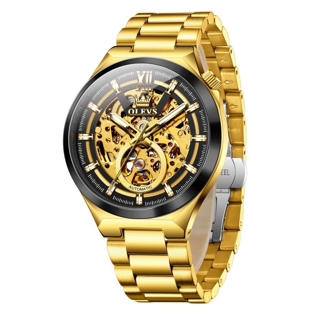 OLEVS 6722 Integrated Geometry Full Skeleton Mechanical Watch For Men - Steel Gold Watch | Olevs Watch Store