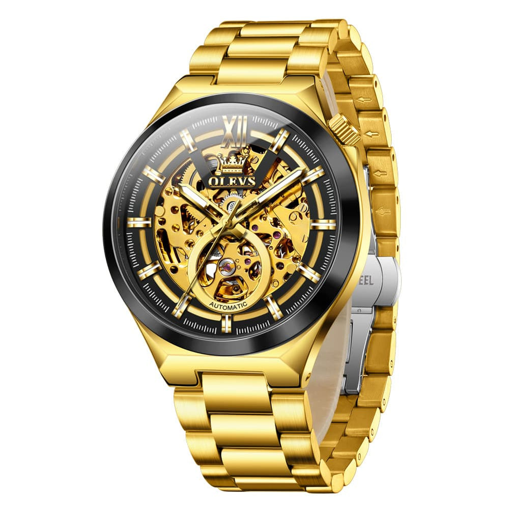 OLEVS 6722 Integrated Geometry Full Skeleton Mechanical Watch For Men - Steel Gold Watch | Olevs Watch Store