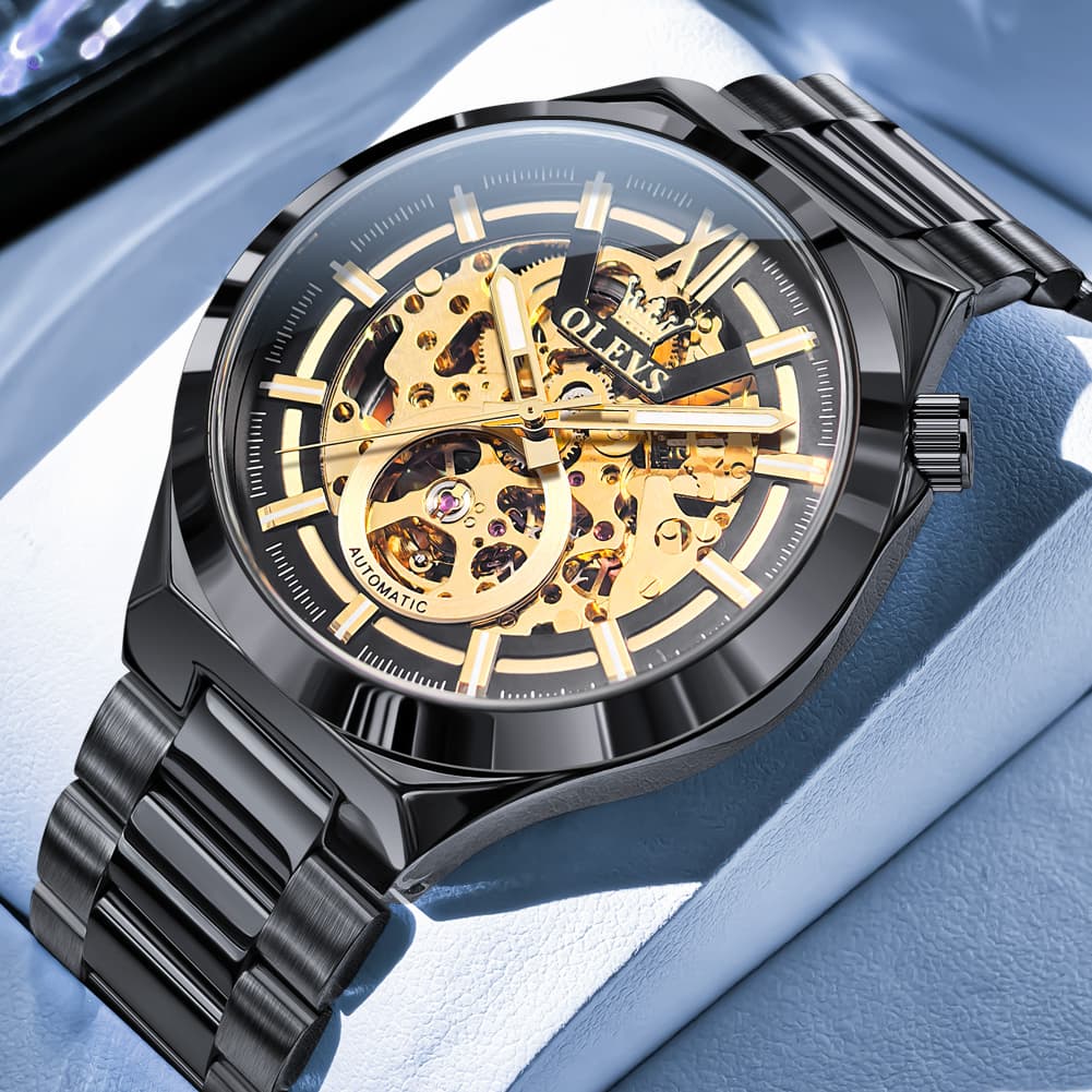 OLEVS 6722 Integrated Geometry Full Skeleton Mechanical Watch For Men - Steel Gold Watch | Olevs Watch Store