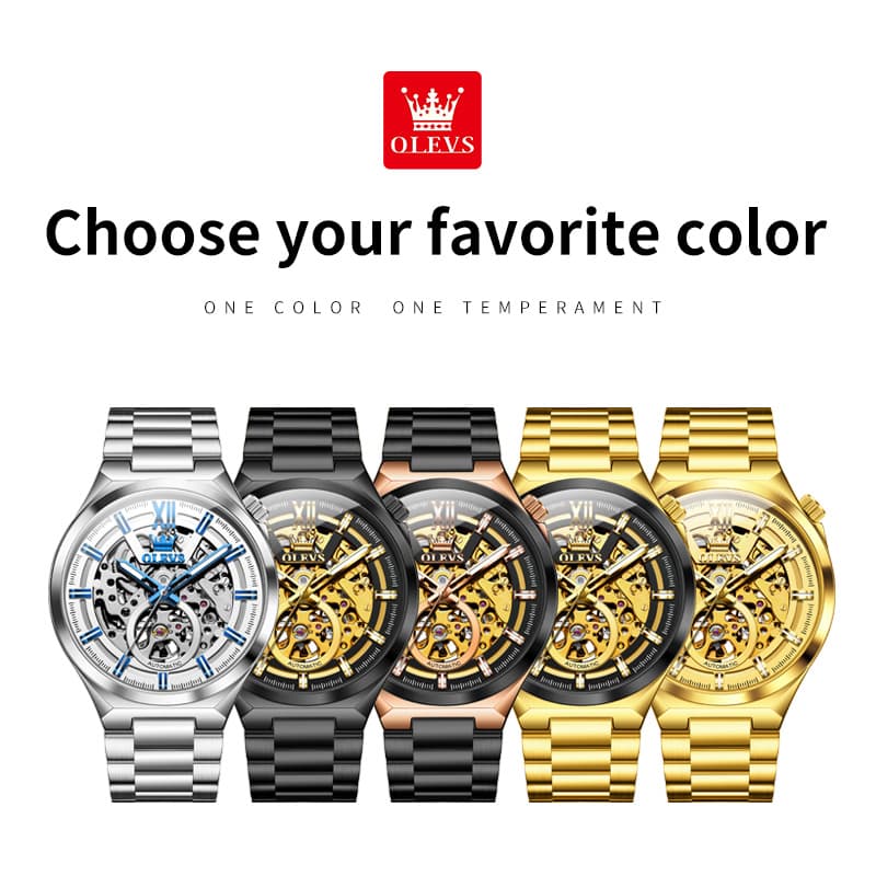 OLEVS 6722 Integrated Geometry Full Skeleton Mechanical Watch For Men - Steel Gold Watch | Olevs Watch Store