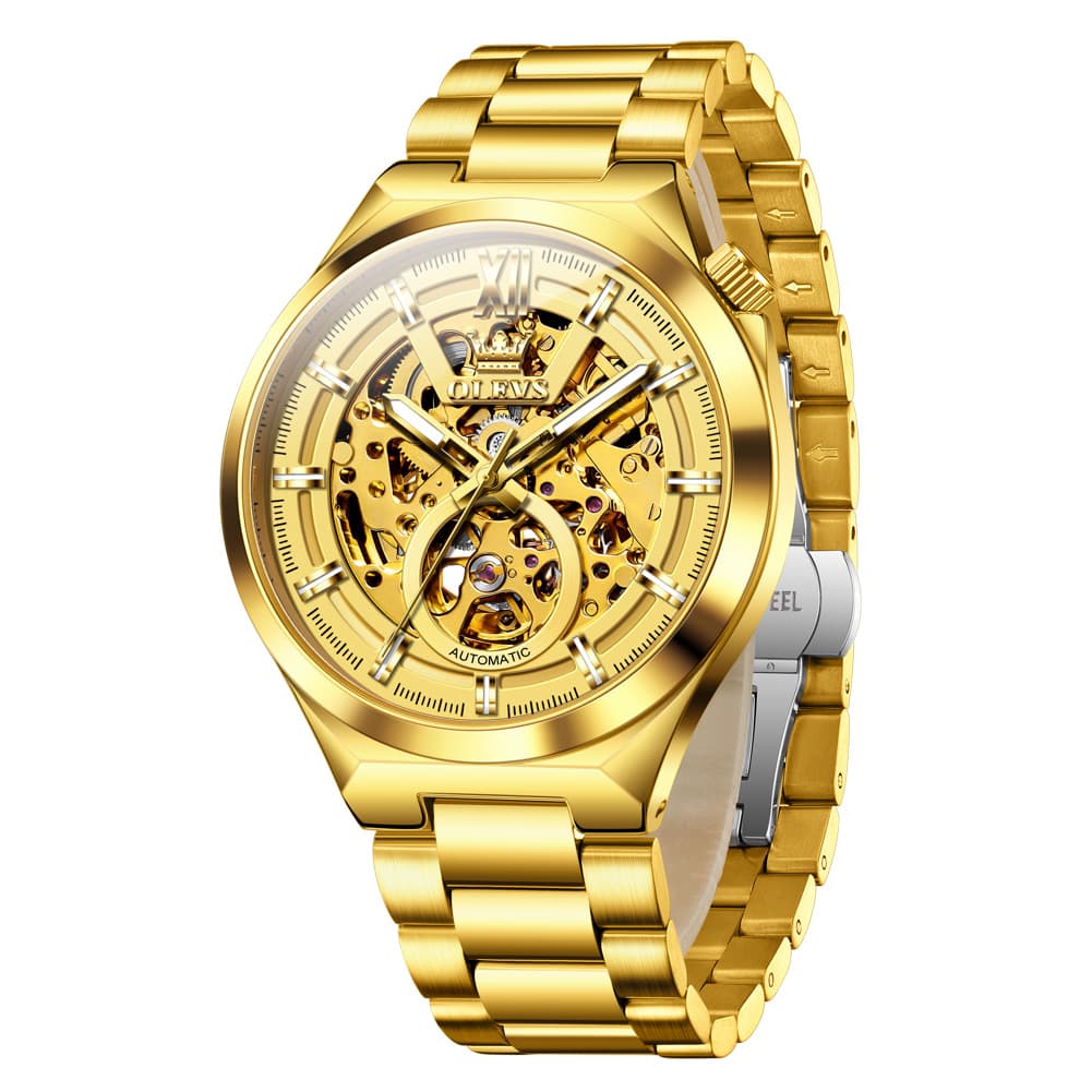 OLEVS 6722 Integrated Geometry Full Skeleton Mechanical Watch For Men - Steel Gold Watch | Olevs Watch Store