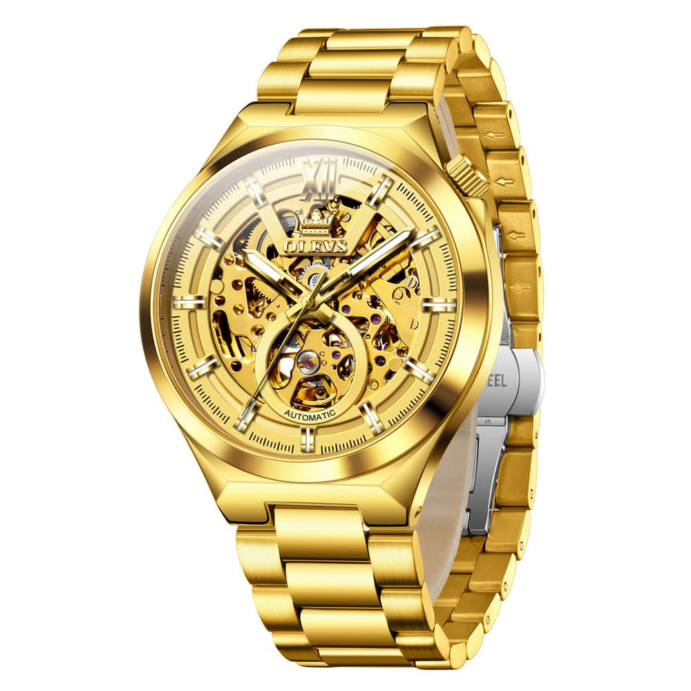 OLEVS 6722 Integrated Geometry Full Skeleton Mechanical Watch For Men - Steel Gold Watch | Olevs Watch Store