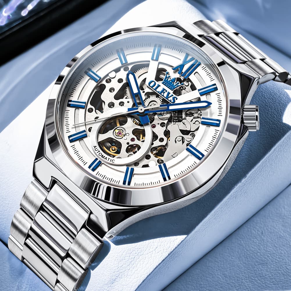OLEVS 6722 Integrated Geometry Full Skeleton Mechanical Watch For Men - Steel Silver Watch | Olevs Watch Store