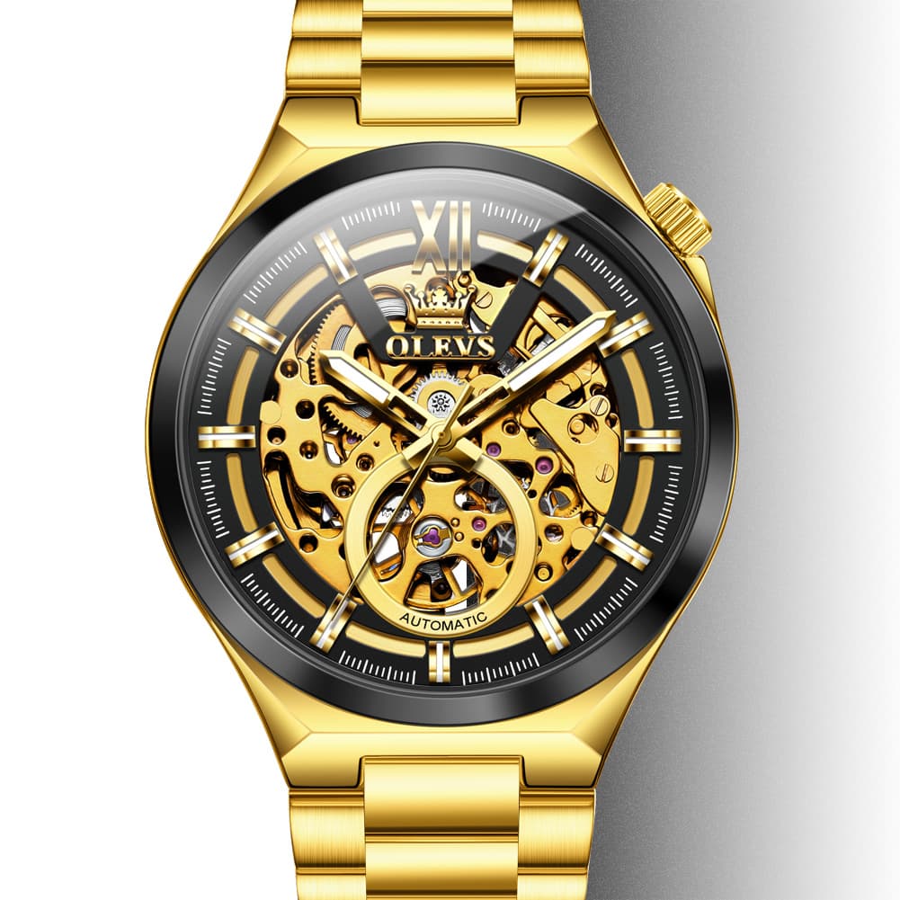 OLEVS 6722 Integrated Geometry Full Skeleton Mechanical Watch For Men - Two Tone Gold Watch | Olevs Watch Store