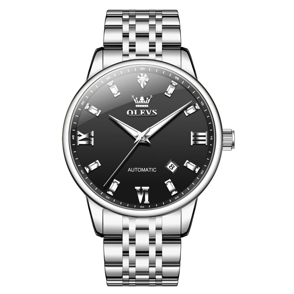 OLEVS 6723 Diamond Roman Numeral Automatic Mechanical Watch For Men - Ebony Black Watch | Olevs Watch Store