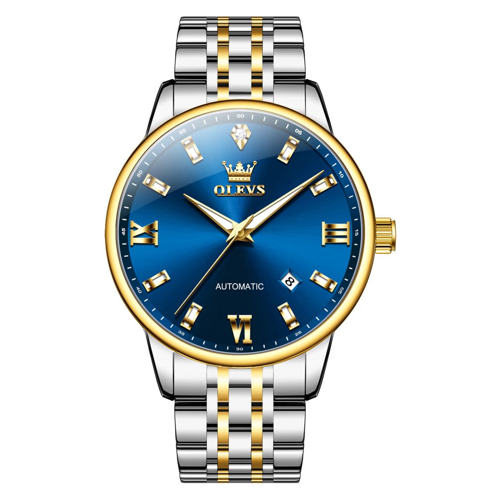 OLEVS 6723 Diamond Roman Numeral Automatic Mechanical Watch For Men - Golden Blue Watch | Olevs Watch Store