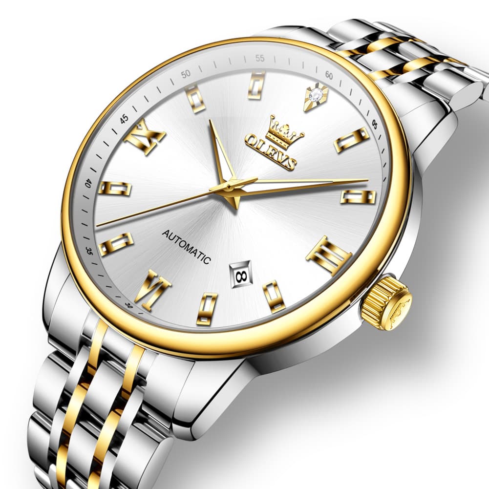 OLEVS 6723 Diamond Roman Numeral Automatic Mechanical Watch For Men - Golden White Watch | Olevs Watch Store