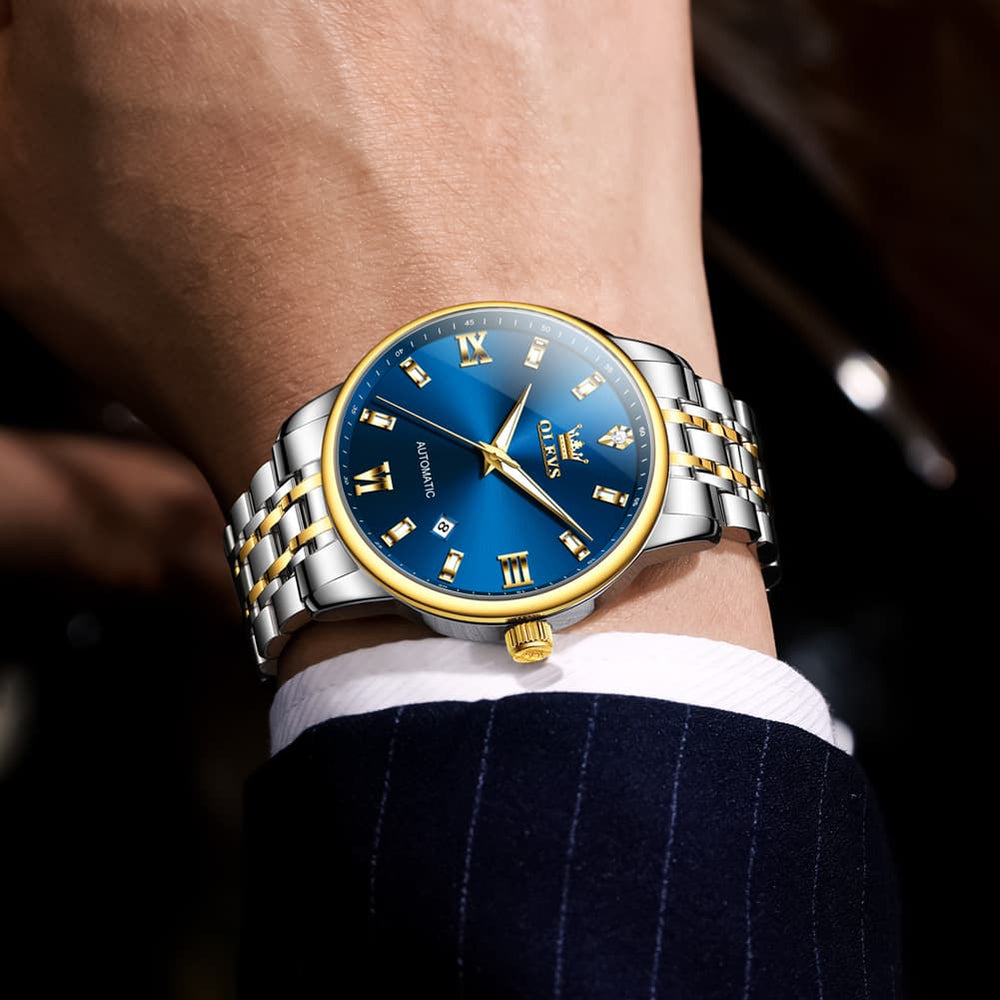 OLEVS 6723 Diamond Roman Numeral Automatic Mechanical Watch For Men - Golden White Watch | Olevs Watch Store