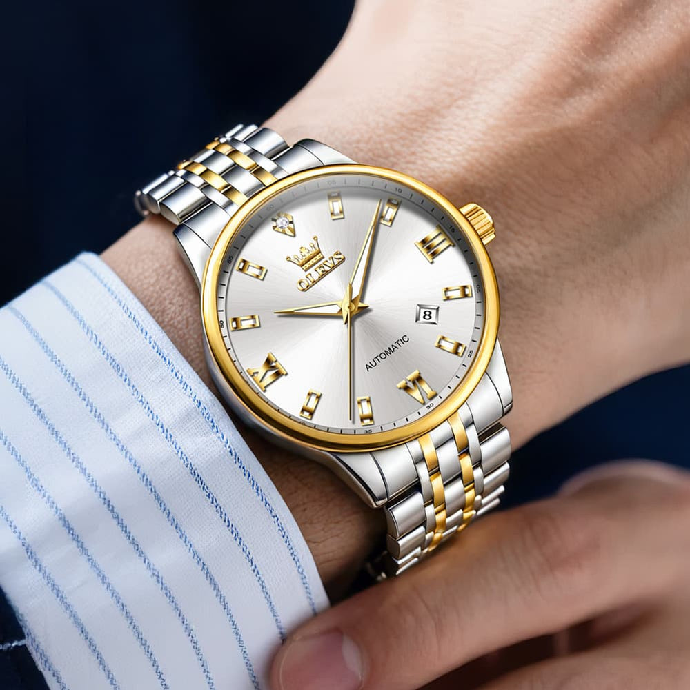 OLEVS 6723 Diamond Roman Numeral Automatic Mechanical Watch For Men - Golden White Watch | Olevs Watch Store