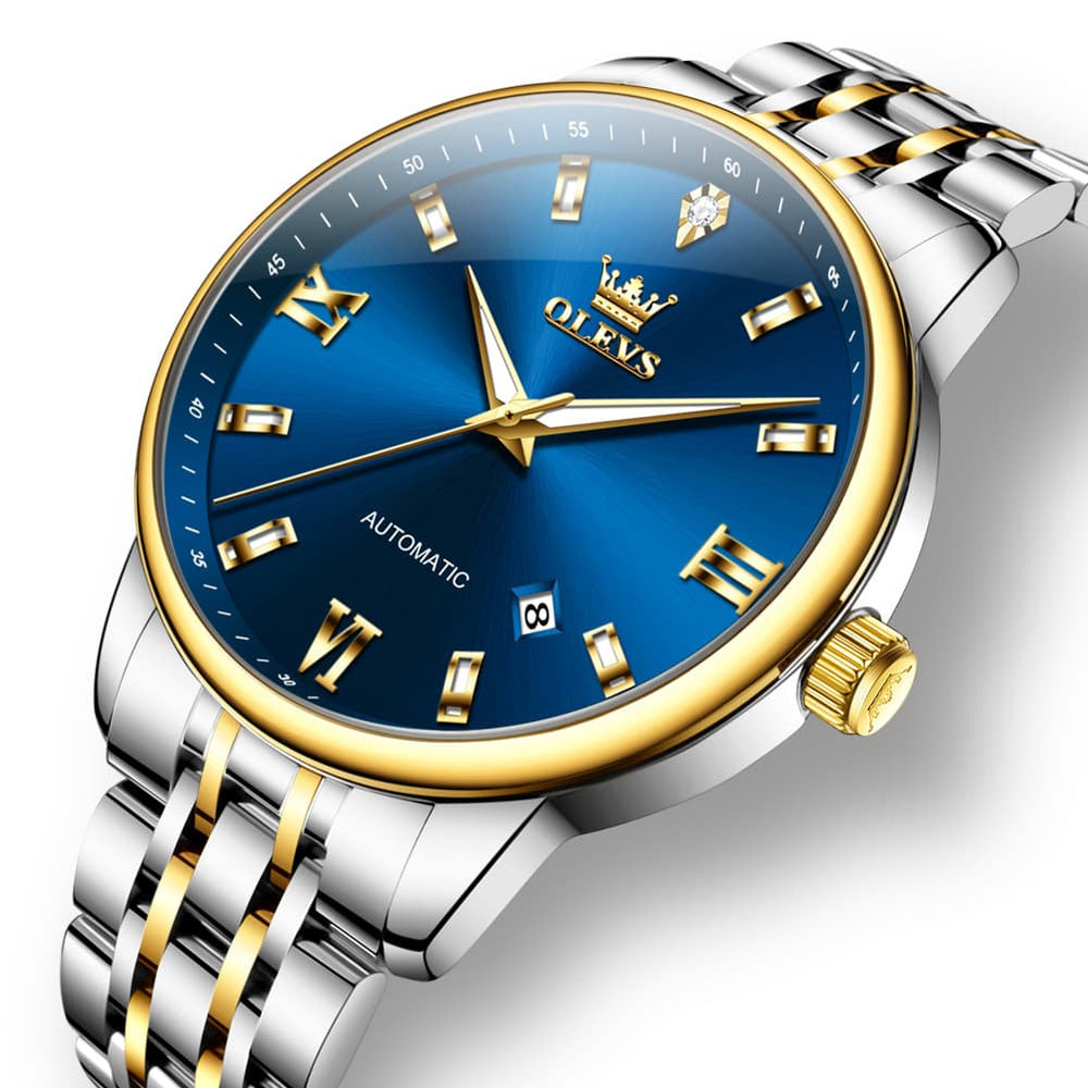 OLEVS 6723 Diamond Roman Numeral Automatic Mechanical Watch For Men - Golden White Watch | Olevs Watch Store