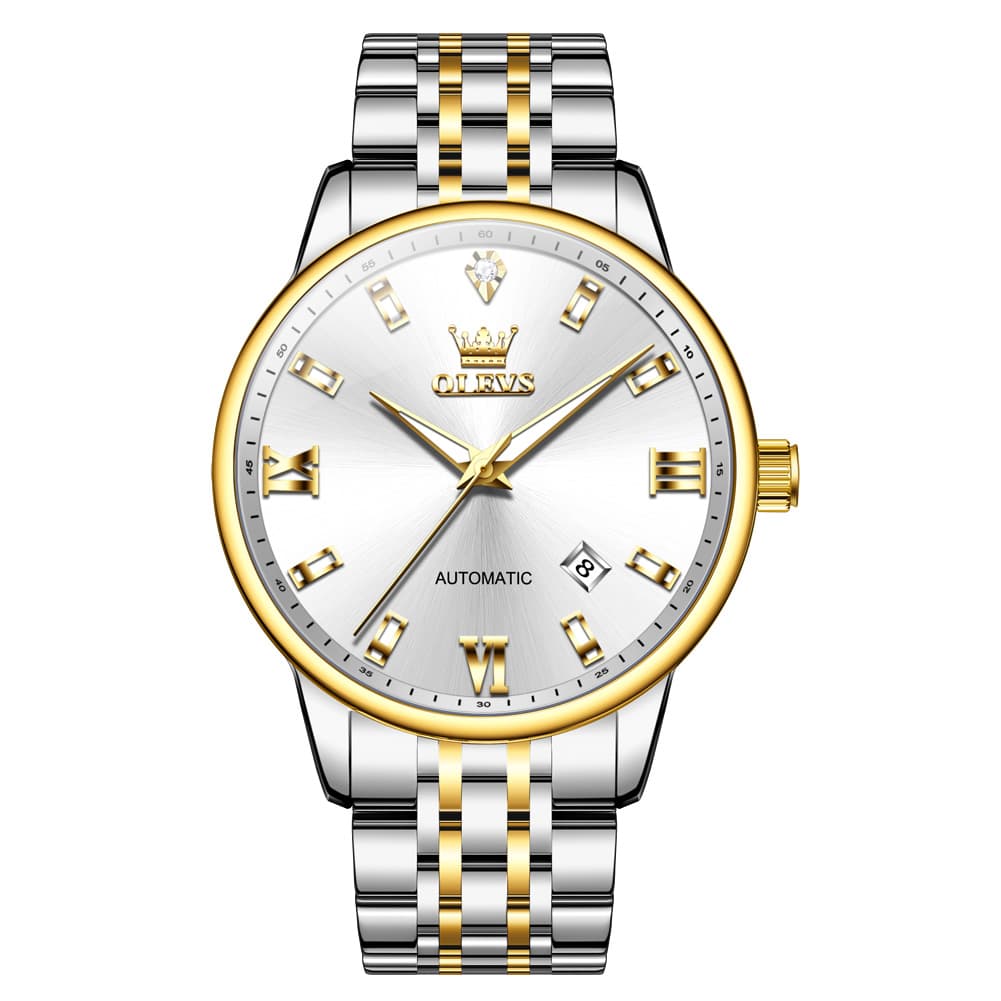OLEVS 6723 Diamond Roman Numeral Automatic Mechanical Watch For Men - Golden White Watch | Olevs Watch Store