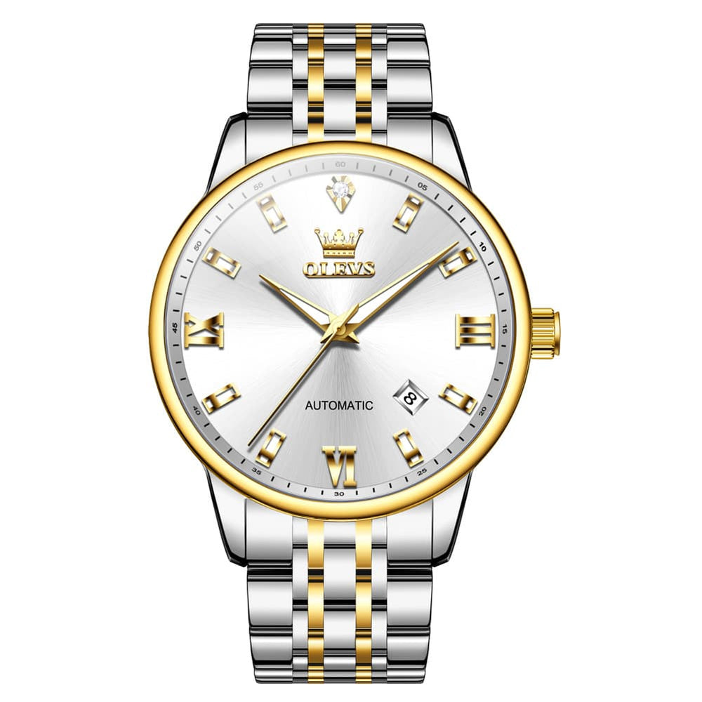 OLEVS 6723 Diamond Roman Numeral Automatic Mechanical Watch For Men - Golden White Watch | Olevs Watch Store