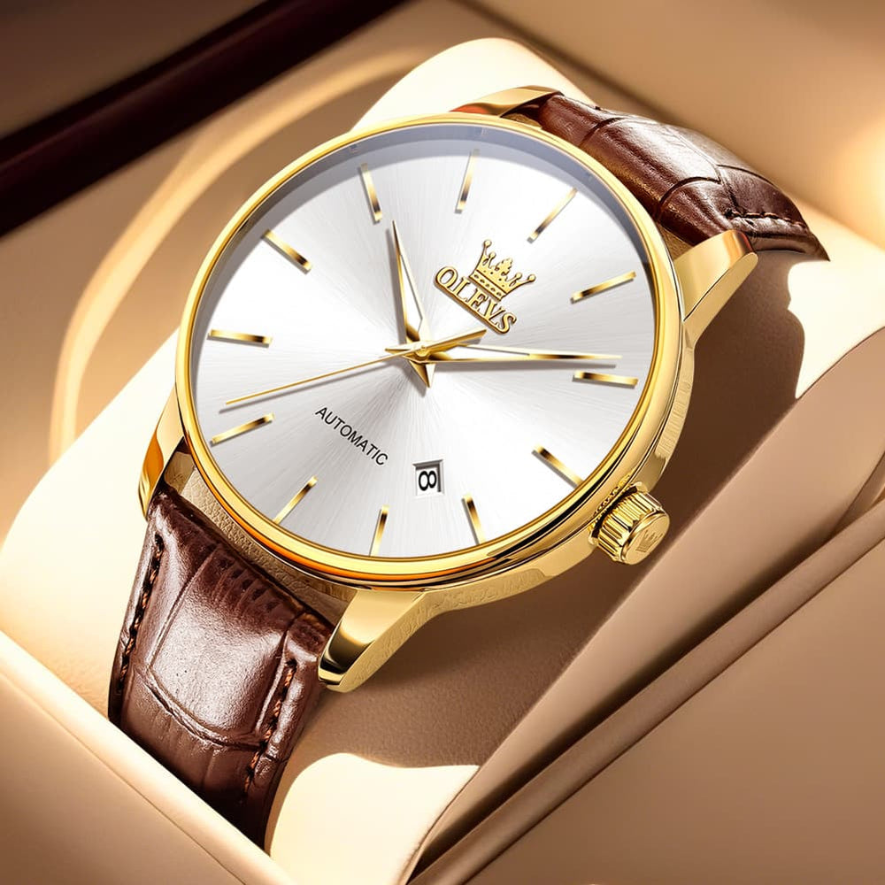 OLEVS 6725 Minimalist Leather Strap Automatic Mechanical Lightweight Watch For Men - Inter White Watch | Olevs Watch Store