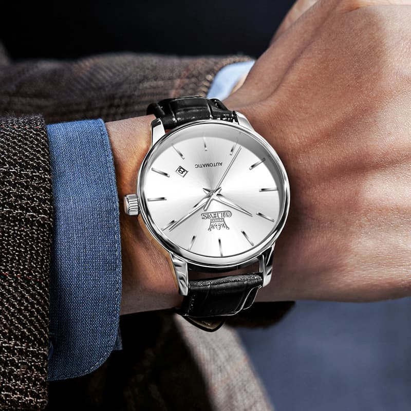 OLEVS 6725 Minimalist Leather Strap Automatic Mechanical Lightweight Watch For Men - Inter White Watch | Olevs Watch Store