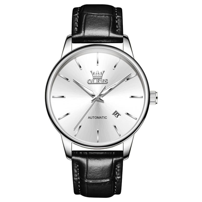 OLEVS 6725 Minimalist Leather Strap Automatic Mechanical Lightweight Watch For Men - Inter White Watch | Olevs Watch Store