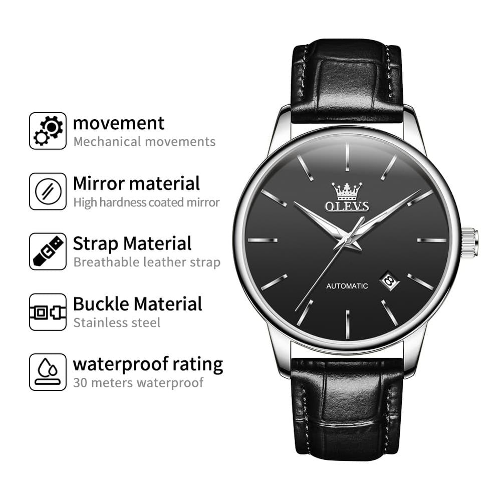 OLEVS 6725 Minimalist Leather Strap Automatic Mechanical Lightweight Watch For Men - Inter White Watch | Olevs Watch Store
