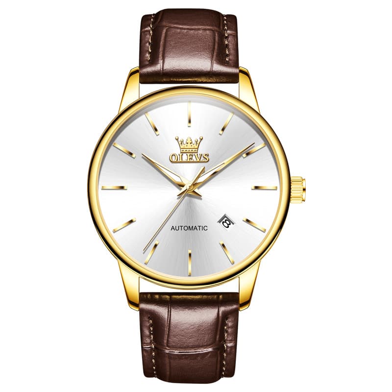 OLEVS 6725 Minimalist Leather Strap Automatic Mechanical Lightweight Watch For Men - Inter White Watch | Olevs Watch Store
