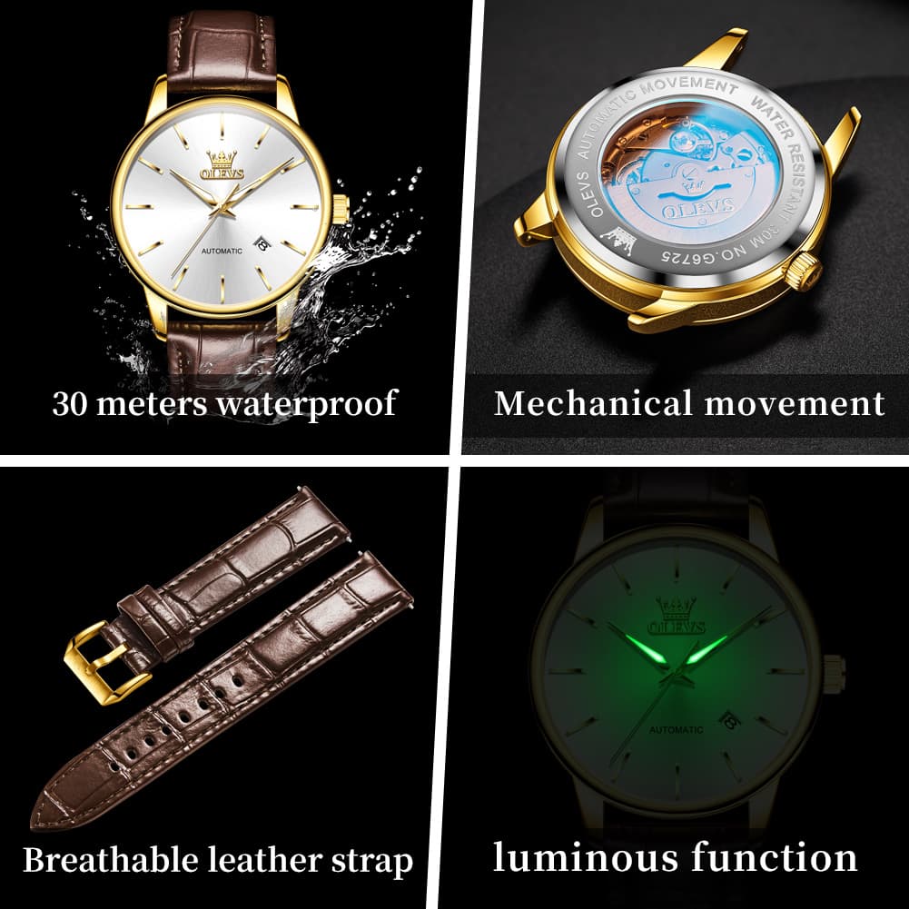 OLEVS 6725 Minimalist Leather Strap Automatic Mechanical Lightweight Watch For Men - Inter White Watch | Olevs Watch Store