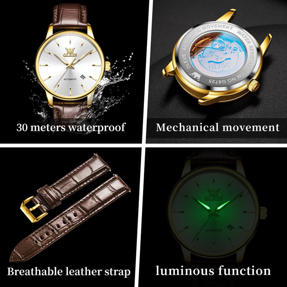 OLEVS 6725 Minimalist Leather Strap Automatic Mechanical Lightweight Watch For Men - Inter White Watch | Olevs Watch Store