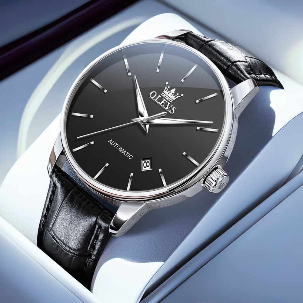 OLEVS 6725 Minimalist Leather Strap Automatic Mechanical Lightweight Watch For Men - Silver Black Watch | Olevs Watch Store
