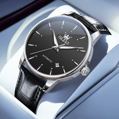 OLEVS 6725 Minimalist Leather Strap Automatic Mechanical Lightweight Watch For Men - Silver Black Watch | Olevs Watch Store