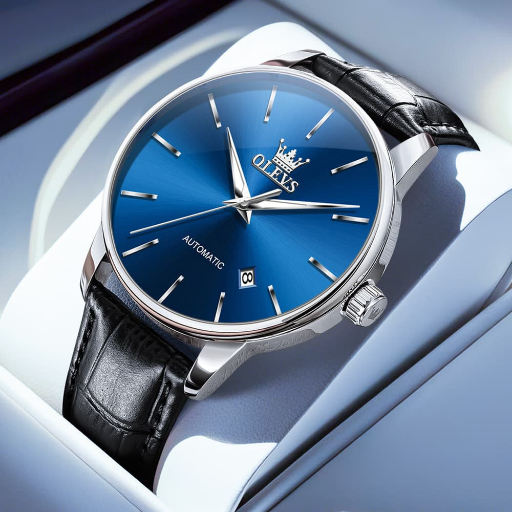OLEVS 6725 Minimalist Leather Strap Automatic Mechanical Lightweight Watch For Men - Silver Blue Watch | Olevs Watch Store
