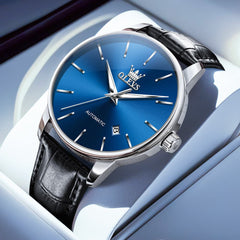 OLEVS 6725 Minimalist Leather Strap Automatic Mechanical Lightweight Watch For Men - Silver Blue Watch | Olevs Watch Store