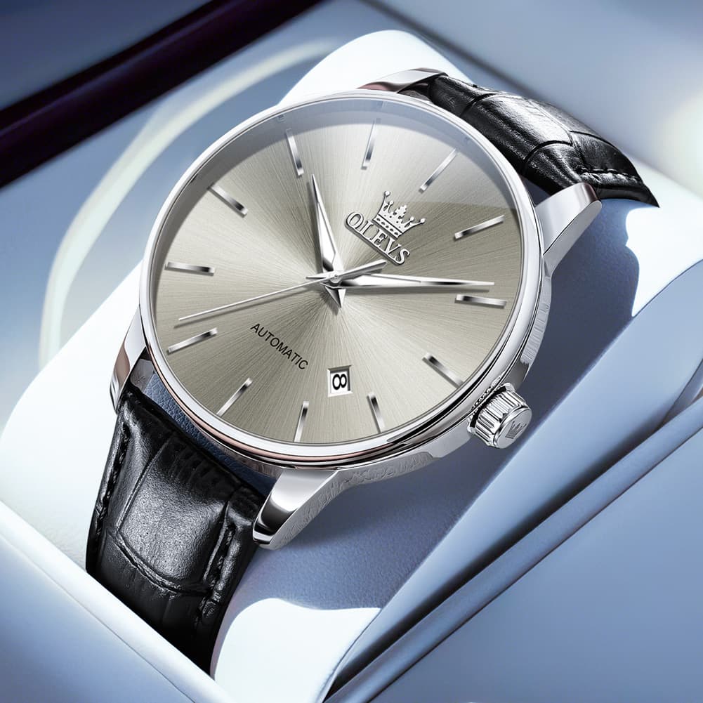 OLEVS 6725 Minimalist Leather Strap Automatic Mechanical Lightweight Watch For Men - Silver Gray Watch | Olevs Watch Store