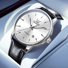 OLEVS 6725 Minimalist Leather Strap Automatic Mechanical Lightweight Watch For Men - Silver White Watch | Olevs Watch Store