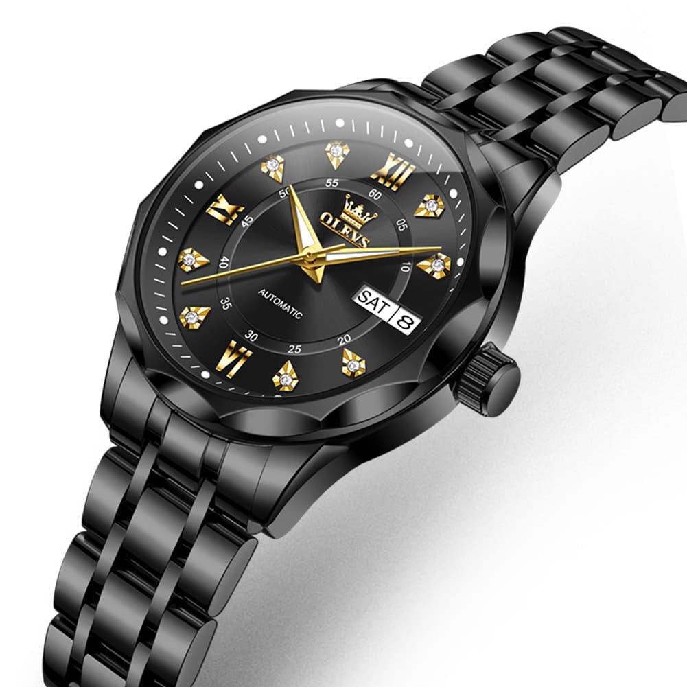 OLEVS 6727 Automatic Diamond Mechanical Watch For Women - All Black Watch | Olevs Watch Store