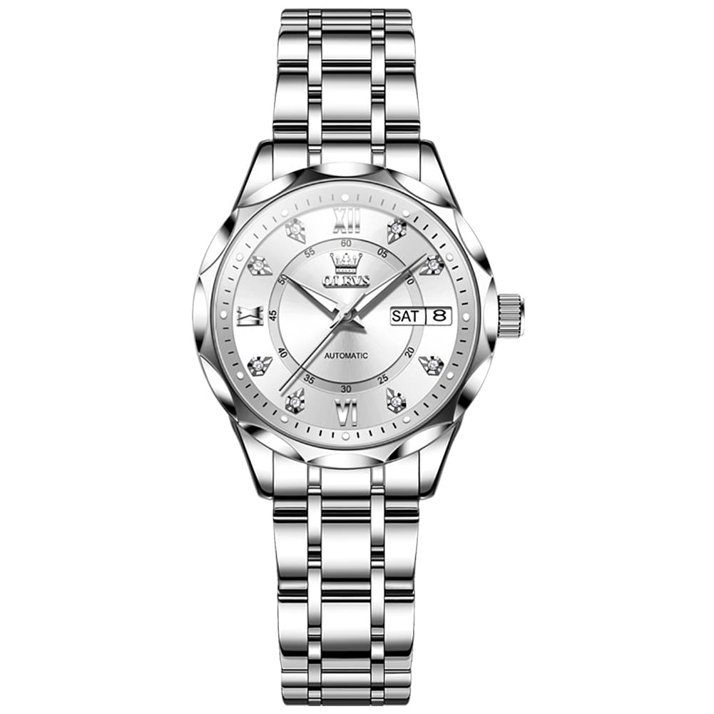 OLEVS 6727 Automatic Diamond Mechanical Watch For Women - Silver Black Watch | Olevs Watch Store