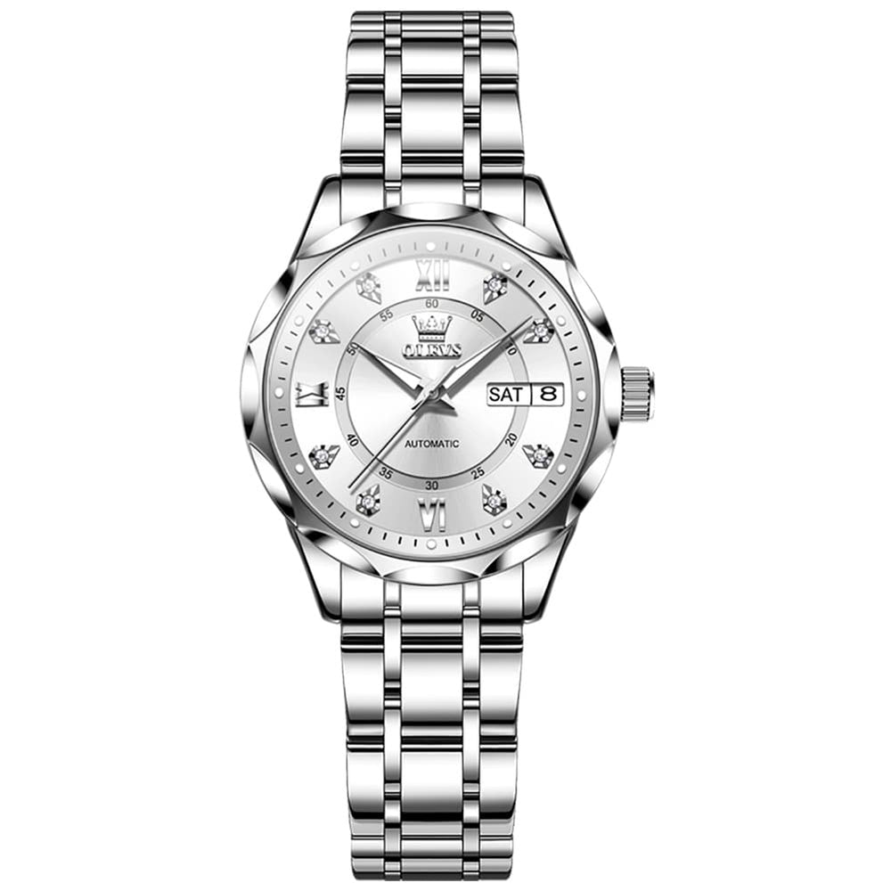 OLEVS 6727 Automatic Diamond Mechanical Watch For Women - Silver Black Watch | Olevs Watch Store