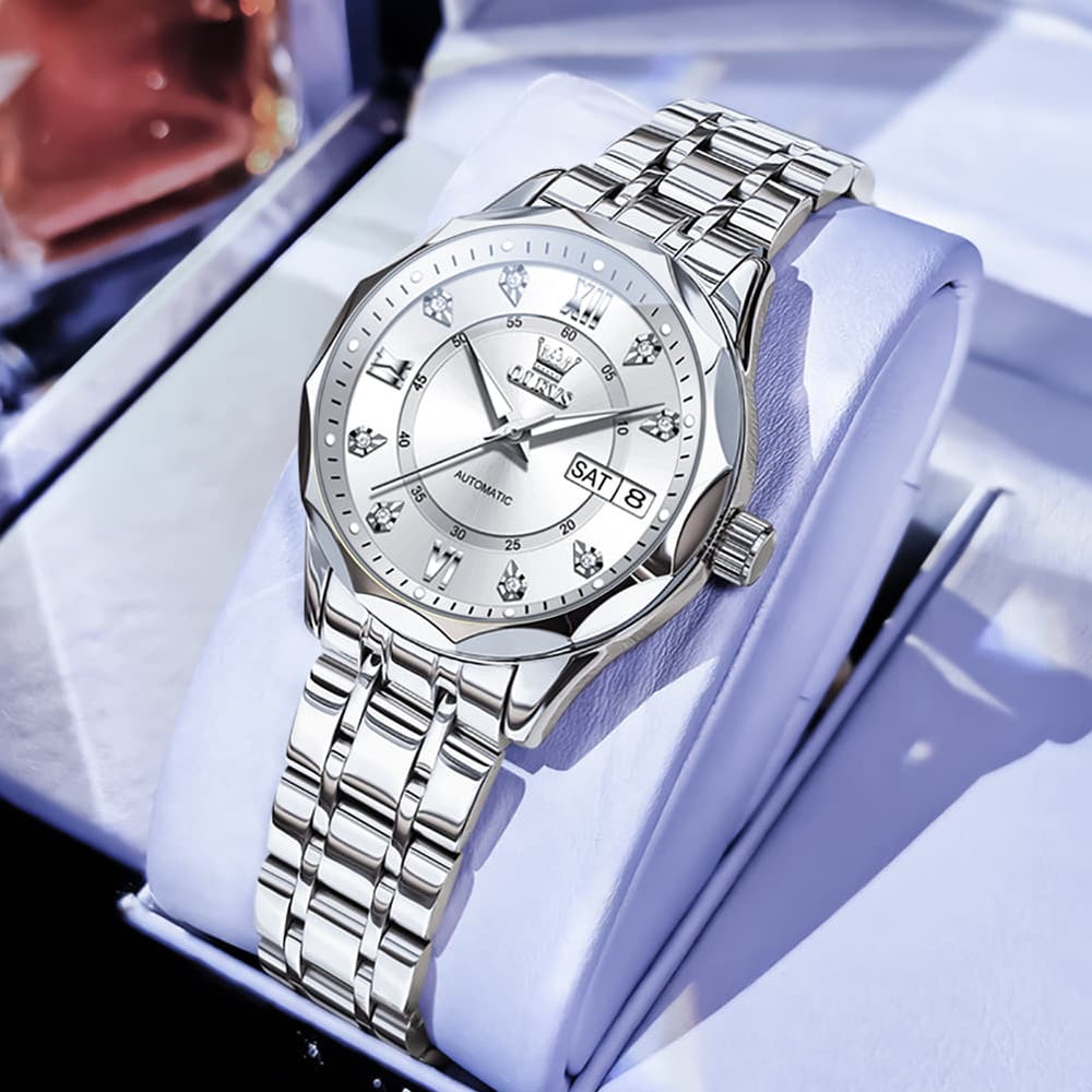 OLEVS 6727 Automatic Diamond Mechanical Watch For Women - Silver Black Watch | Olevs Watch Store